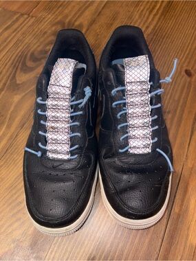 Black Leather Women's Sneakers with Light Blue Accents